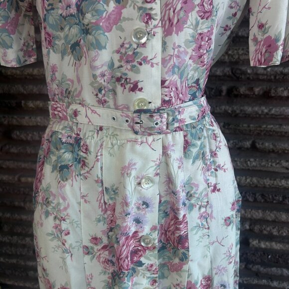 Karin Stevens Vintage 80s Rose Cottage Floral Lace Collar Shirtwaist Dress - Picture 8 of 16